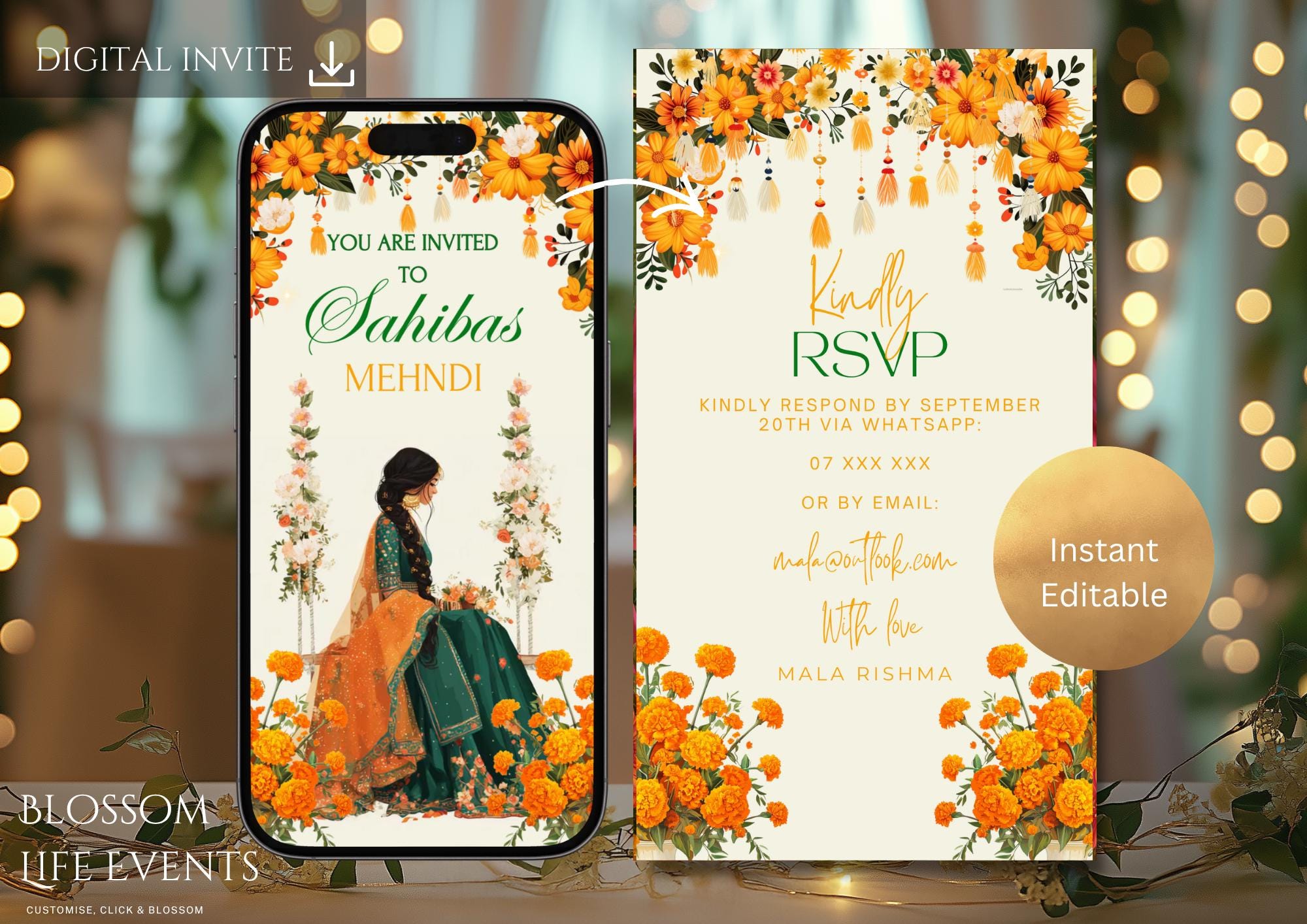 Emerald Green and Gold Animated Mehndi Invite | Mehendi Ki Raat E-vite ...