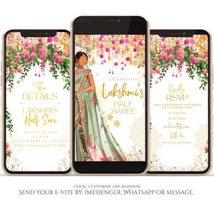 May include: A digital invitation for a Half Saree celebration. The invitation features a floral design with a woman in a green and gold saree. The text reads "Celebrating Lakshmi's Half Saree" and includes the date, time, and location of the event.