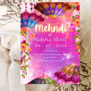 Beautiful floral invite | Mehendi invitation | Colourful Mehndi invite | Printable Haldi invite | Mayoun invite | Mendhi Pink flowers invite