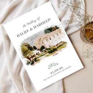 Invitación de boda sij / Tarjeta con boceto del lugar de celebración en acuarela / Hermosa invitación con ilustración del lugar / Invitación sij de lujo para Anand Karaj