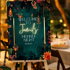 Cartello per sposi con mehndi / Cartello per feste con mehndi verde / Cartello per matrimonio con mehndi Ki Raat Board / Cartello floreale personalizzabile, regalo per la sposa
