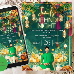 Invitation du marié Mehndi | Panneau de fête Mehendi | Faire-part de mariage Mehndi Ki Raat pour le marié Mendhi | Invitation florale | Cadeau pour les mariés Mendhi
