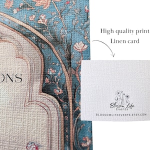 May include: A high-quality linen card featuring a teal and beige floral pattern with an arched border. A white rectangular label displays the text High quality print Linen card and the Blossom Life Events logo with the URL BLOSSOMLIFEEVENTS.ETSY.COM.