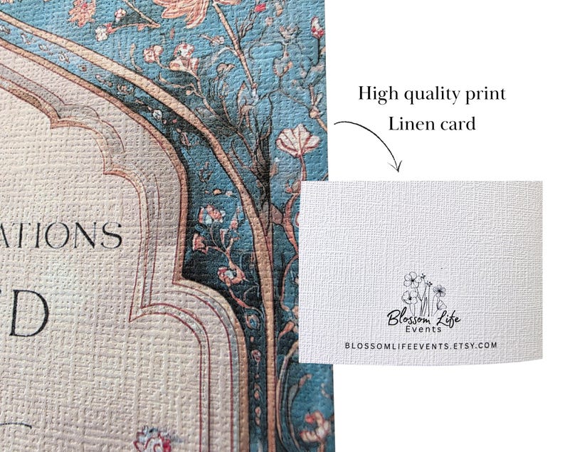 May include: A high-quality linen card featuring a teal and beige floral pattern with an arched border. A white rectangular label displays the text High quality print Linen card and the Blossom Life Events logo with the URL BLOSSOMLIFEEVENTS.ETSY.COM.
