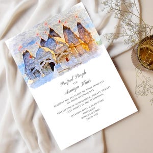 Invitación de boda sij / Tarjeta con boceto del lugar de celebración en acuarela / Hermosa invitación a un gurdwara con ilustración del lugar de celebración / Invitación al templo sij Anand Karaj
