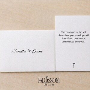 May include: A white envelope with the names Janella & Saim printed in black script, positioned next to a white card with the text: The envelope to the left shows how your envelope will look if you purchase a personalised envelope. Blossom Life Events logo.