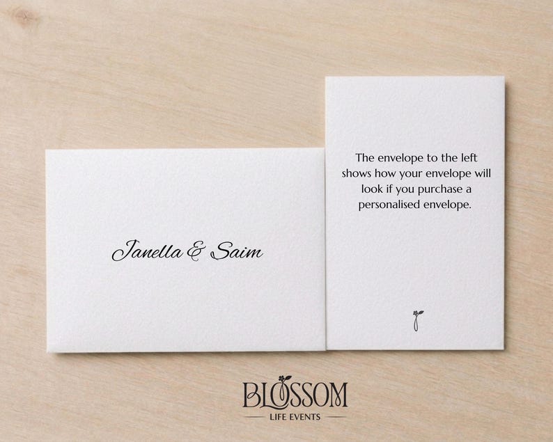May include: A white envelope with the names Janella & Saim printed in black script, positioned next to a white card with the text: The envelope to the left shows how your envelope will look if you purchase a personalised envelope. Blossom Life Events logo.