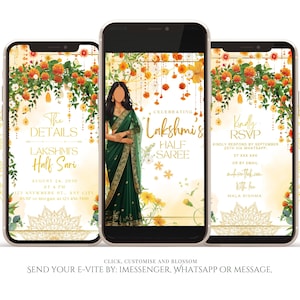 May include: Three smartphones displaying a digital invitation for Lakshmi's Half Sari. The design features floral arrangements in orange and yellow, with gold accents. The invitation includes event details and RSVP information.