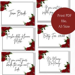 Puede incluir: Un conjunto de tarjetas blancas con texto negro y detalles de rosas rojas en las esquinas. Las tarjetas presentan frases como "Team Bride" y "No Money No Honey". Un gráfico circular dice "Print PDF file. A3 Size."
