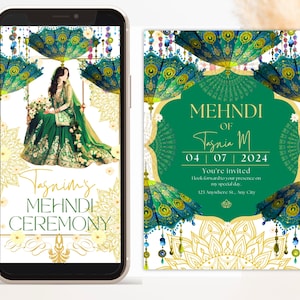 Mooie Mehndi-uitnodiging | Indiase bloemenmehendi-uitnodiging | Moderne stijlvolle paraplu | Afdrukbare bewerkbare Dholki-uitnodiging | Cadeau voor haar