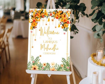 Mendhi Zeichen | Mehendi Willkommenstafel | Bearbeitbar und druckbar | Pithi Mayoun Haldi Beschilderung | Mehendi bearbeitbar | mehndi Brett, Dholki, Sangeet