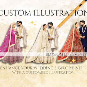 Personalized Illustration for Invitation & Signs Based On Theme Of The Outfit Bride And Groom Drawing. Gift for Bride and Groom Wedding