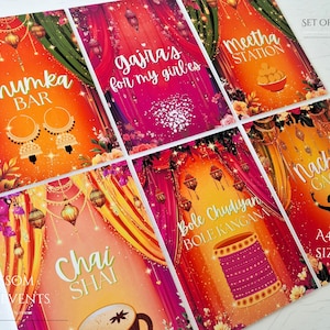 May include: A set of six vibrant event signs, each with unique text such as "Jhumka Bar" and "Chai Shai." The signs are adorned with decorative elements and floral patterns, perfect for celebrations. The signs are available in A4-A2 sizes.