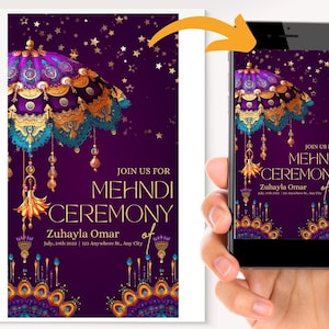 Indian, Bengali, Pakistani Mehndi E-Vite | Umbrella Theme Digital Invitation | Stunning Celebration E-Invite