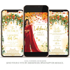May include: A digital invitation for a Half Sari celebration. The invitation features a floral design with a woman in a red sari. The text reads "Celebrating Lakshmi's Half Saree".