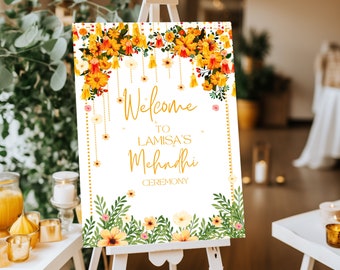 Mendhi Ki Raat Willkommensschild | Mehendi Schild | Bearbeitbar und druckbar | Pithi Mayoun Beschilderung | Mehendi | mehndi Brett, Dholki, Sangeet