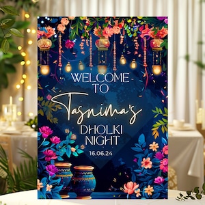 Bellissimo cartello notturno Dholki / cartello per feste Dholki per la sposa / cartello per matrimoni Dholak, Mayoun Board / cartello floreale blu moderno / regalo per la sposa