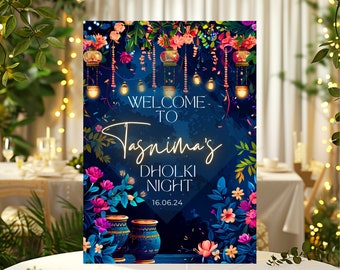 Beautiful Dholki Night Sign | Dholki Party Sign for bride | Dholak, Mayoun Board  Wedding Sign | Modern Blue floral sign | Gift for Bride