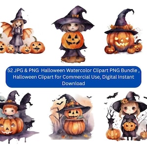 52 JPG & PNG Halloween Watercolor Clipart Bundle , Halloween Clipart for Commercial and Personal Use, Digital Instant Download