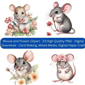 花とネズミのクリップアート - 23 高品質 PNG - デジタルダウンロード、カード作成、ミックスメディア、デジタルペーパークラフト、20 x 20 インチ、背景なし