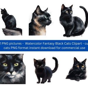 Watercolor Fantasy Black Cats Clipart - cute cats PNG format instant download for commercial use - 22 PNG pictures