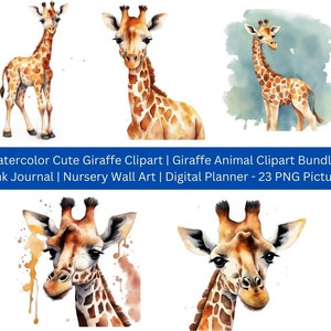 Watercolor Cute Giraffe Clipart | Giraffe PNG | Junk Journal | Nursery Wall Art | Digital Planner | Cute Giraffe Clipart - 23 PNG Pictures