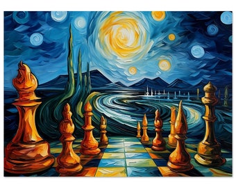 Chess game poster - chess pieces on Van Gogh style chessboard