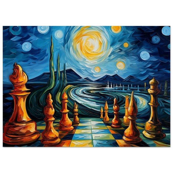 Poster jeu d'échecs - pièces d'échecs sur échiquier style Van Gogh