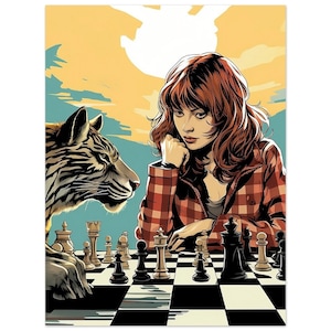 Chess game poster - Woman and animal in front of a chess board