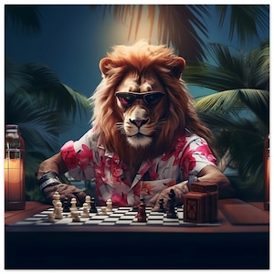 Chess Game - Lion Poster in front of a chessboard - Premium matte paper