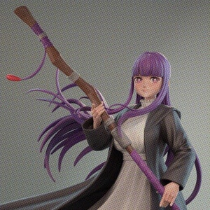 May include: An anime character with purple hair, wearing a long black coat and a white dress, holding a long, purple and brown staff.