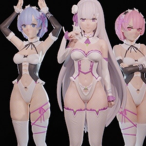 May include: Three anime figurines of female characters with long hair, wearing white and purple outfits with black accents. The figurines are posed in different stances and have different colored hair.