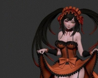 以下が含まれることがあります： 長い黒髪の女性キャラクターのフィギュア。赤と黒のドレスを着て、大きなオレンジ色のスカートを履いている。フィギュアは片足を少し上げて、スカートが後ろに流れているポーズをしている。