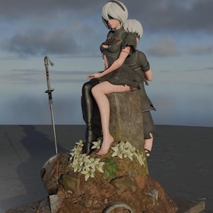 May include: A white-haired female figure in a black dress sits on a stone pedestal with a sword behind her. The figure is surrounded by white flowers and green foliage.