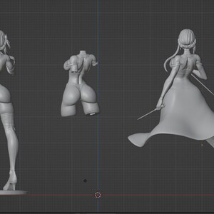 May include: A 3D printed model of a female figure in a flowing dress and holding a sword. The model is shown from the back and is in a gray color.
