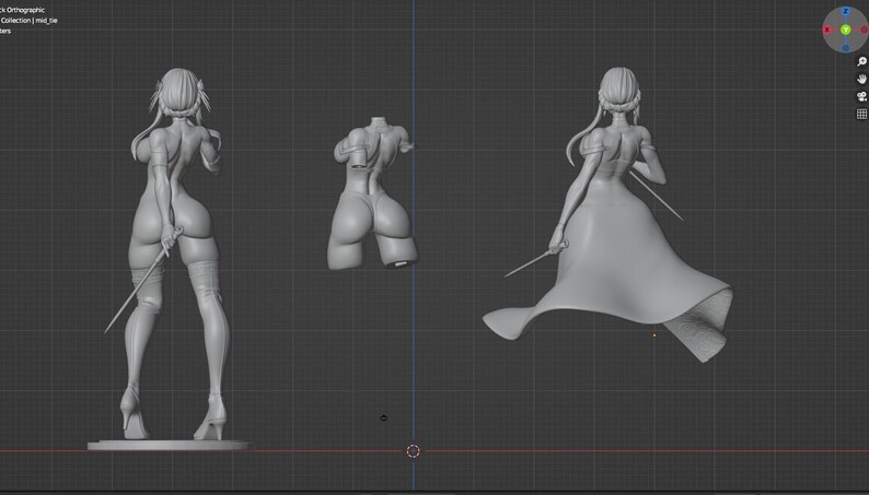 May include: A 3D printed model of a female figure in a flowing dress and holding a sword. The model is shown from the back and is in a gray color.
