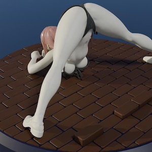 Puede incluir: Una figurita blanca de una persona con un traje de ba&ntilde;o blanco y negro, realizando una pose de yoga sobre una base de ladrillo marr&oacute;n.