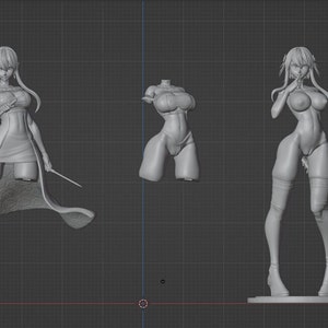 May include: A 3D printed model of a female figure in a variety of poses. The model is printed in a light gray color and is posed in a variety of dynamic stances. The model is shown in three different views, including a full-body view, a torso view, and a close-up view of the face.