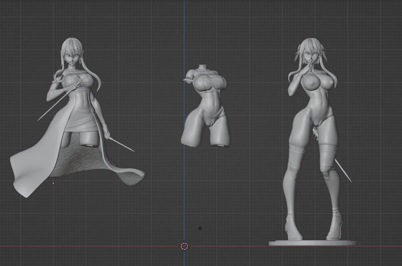 May include: A 3D printed model of a female figure in a variety of poses. The model is printed in a light gray color and is posed in a variety of dynamic stances. The model is shown in three different views, including a full-body view, a torso view, and a close-up view of the face.