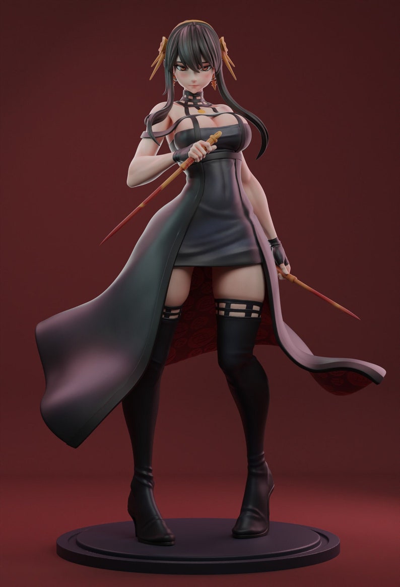 May include: A black-haired anime figurine wearing a black dress with a long, flowing train. She is holding two daggers in her hands and has a serious expression on her face.