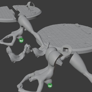 Puede incluir: Un modelo 3D impreso de un cuerpo de mujer, dividido en varias piezas, con una base circular gris y texturizada.