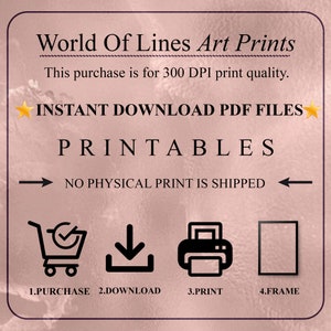 K&ouml;nnte beinhalten: Werbung f&uuml;r digitale Kunstdrucke mit dem Text "World Of Lines Art Prints". Das Bild zeigt den Prozess: Kaufen, Herunterladen, Drucken und Einrahmen. Es gibt auch an, dass die Druckqualit&auml;t 300 DPI betr&auml;gt und kein physischer Druck versendet wird.