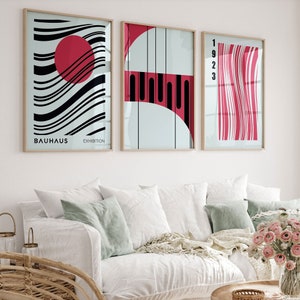 Red Bauhaus Gallery Geométrico Mid-Century Modern Wall Art Set de 3 impresiones de carteles imprimibles Descarga digital Sala de estar de moda