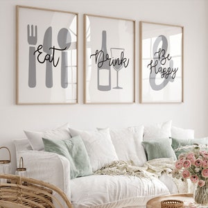 Kitchen Art Set 3 Line Drawing Prints, Ideal Housewarming Gift, Food - Drink Decor for Dining Room, Stylish Kitchen Wall Art
