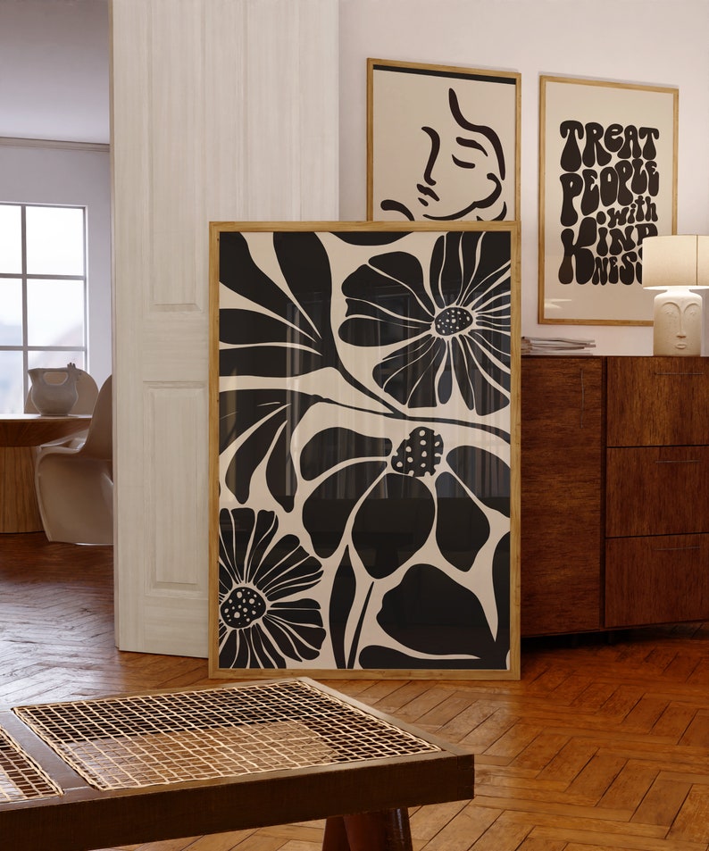 Abstract Minimalist Flower Black and White Poster Print Wall Art ...
