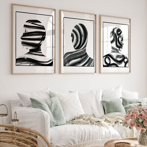 Póster artístico de pared descargable con impresión en blanco y negro humano abstracto, conjunto para decoración de exposición de pared de galería moderna de mediados de siglo