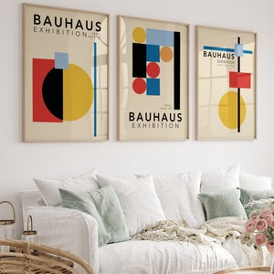 Bauhaus Gallery Wall Colorful Geometric Mid Century Modern Wall Art Set of 3 Poster Print Digital Download Printable Exhibition Trendy Decor