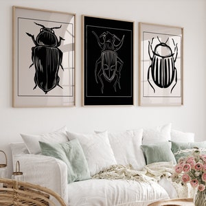 Bug Gallery Wall Black and White Prints, Set of 3 Digital Poster Art Mid Century Modern Exhibition Trendy