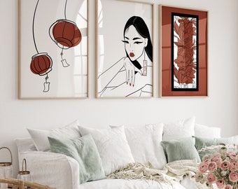 Japanese Woman Flower Print Set, Mid-Century Modern Wall Art (Digital Download)