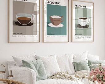 Pode incluir: Três cartazes minimalistas com ilustrações de xícaras de café. Os cartazes são intitulados "Espresso", "Cappuccino" e "Americano". Cada cartaz inclui a origem da bebida de café, "Feito na Itália" ou "Feito nos EUA".